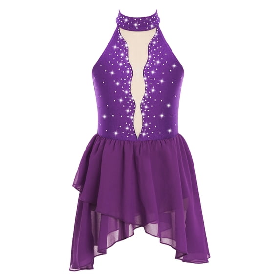 iEFiEL Kids Girls Shiny Rhinestone Figure Skating Gymnastics Leotard Dress Lyrical Dance Performance Costume Purple 16