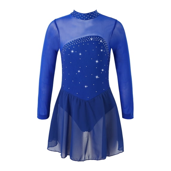 iEFiEL Kids Girls Shiny Rhinestones Skating Leotard Dress Costume,Sizes 4-16 Royal Blue 10