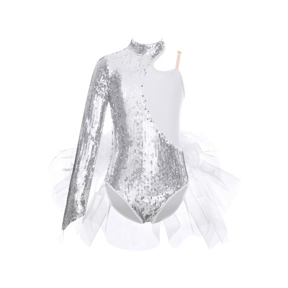 iEFiEL Kids Girls Shiny Sequins Ballet Dance Leotard Single Long Sleeve Leotard Tutu Dress Jazz Dancewear Silver 16