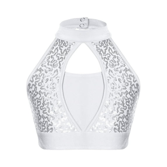 iEFiEL Kids Girls Shiny Sequins Crop Top Sleeveless Gymnastics Vest Tanks Dance Performance Camisole White 12