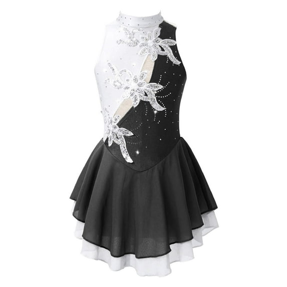 iEFiEL Kids Girls Shiny Sequins Floral Ballet Gymnastics Skirted Leotard Sleeveless Dance Dress