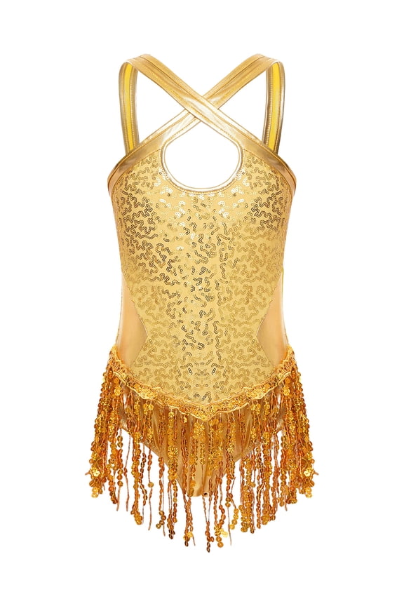 Kids Girls Shiny Tassels Latin Fancy Skating Leotard Sleeveless Metallic Salsa Tango Dance Dress A Yellow 12