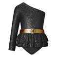 thumbnail image 1 of iEFiEL Kids Girls Single Long Sleeve Gymnastics Ballet Leotard Oblique Shoulder Shiny Sequins Jumpsuit Acrobatics Bodysuit Black 10, 1 of 5