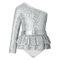thumbnail image 1 of iEFiEL Kids Girls Single Long Sleeve Gymnastics Ballet Leotard Oblique Shoulder Shiny Sequins Jumpsuit Acrobatics Bodysuit Silver 12, 1 of 5