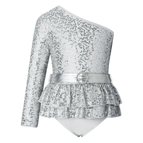 iEFiEL Kids Girls Single Long Sleeve Gymnastics Ballet Leotard Oblique Shoulder Shiny Sequins Jumpsuit Acrobatics Bodysuit Silver 12