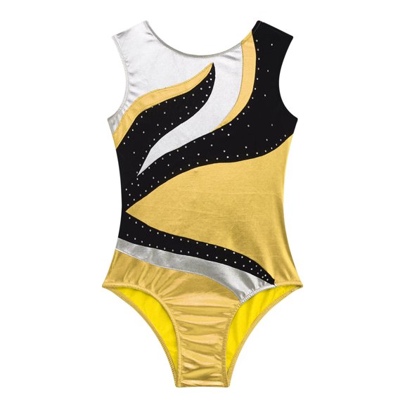 iEFiEL Kids Girls Sleeveless Ballet Dance Leotard Gymnastics Workout Bodysuit Sparkle Rhinestones Ballerina Costume Gold 16