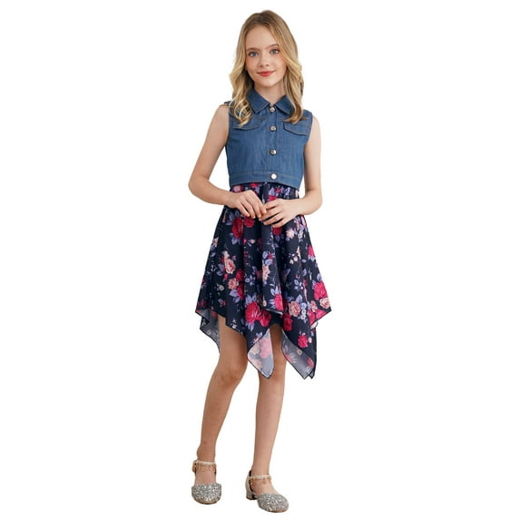 iEFiEL Kids Girls Sleeveless Denim Chiffon Patchwork Sundress Front Buttons A-Line Floral Casual Dress Navy Blue Floral 12