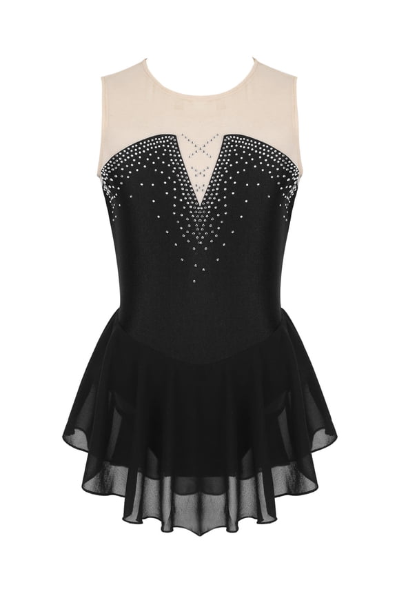 Kids Girls Sleeveless Sparkly Rhinestone Ballet Dance Leotard Mesh Splice Skating Gymnastics Dress