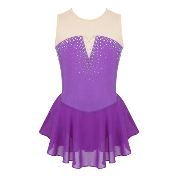 iEFiEL Kids Girls Sleeveless Sparkly Rhinestone Ballet Dance Leotard Mesh Splice Skating Gymnastics Dress
