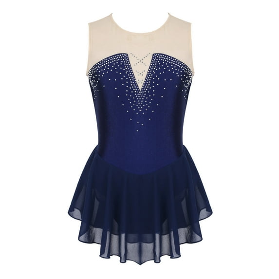 iEFiEL Kids Girls Sleeveless Sparkly Rhinestone Ballet Dance Leotard Mesh Splice Skating Gymnastics Dress
