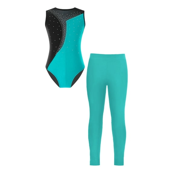 iEFiEL Kids Girls Sparkly Rhinestones Gymnastics Unitard Sleeveless Athletic Leotard with Leggings Pants Dancewear Lake Blue 14