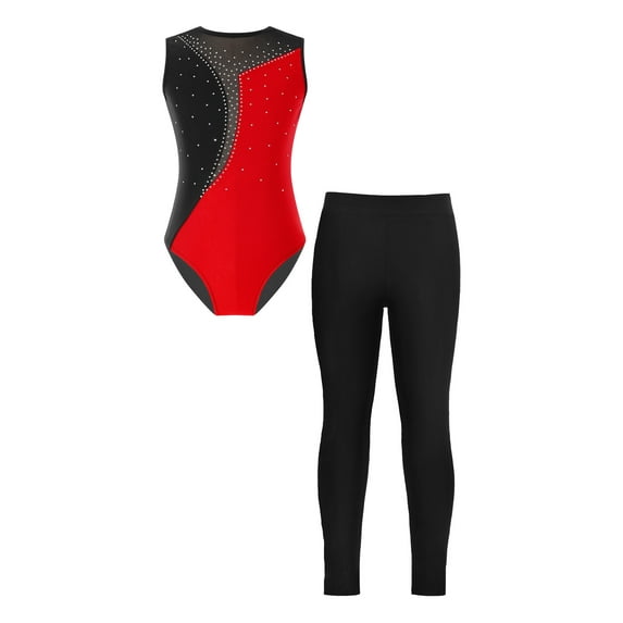 iEFiEL Kids Girls Sparkly Rhinestones Gymnastics Unitard Sleeveless Athletic Leotard with Leggings Pants Dancewear Red&Black 16