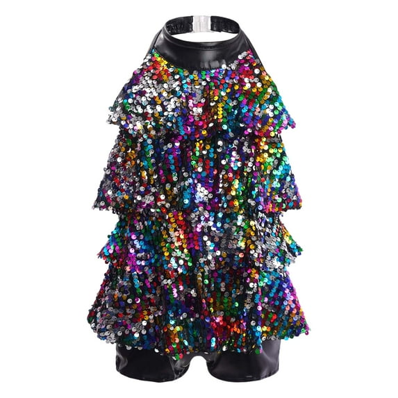 iEFiEL Kids Girls Sparkly Sequined Dance Dress Leotard Jazz Latin Salsa Rumba Dance Performance Costumes Colorful 12