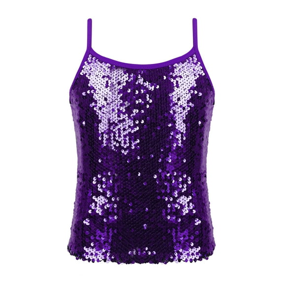 iEFiEL Kids Girls Sparkly Sequined Dance Top with Front Liner,Sizes 6-16 Purple 10