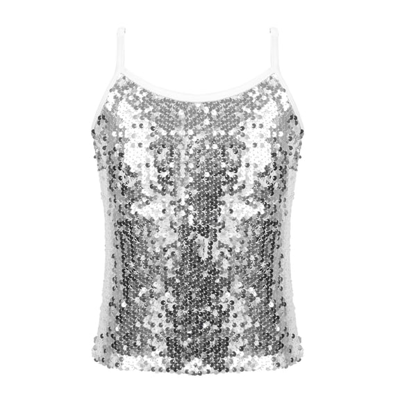 iEFiEL Kids Girls Sparkly Sequined Dance Top with Front Liner,Sizes 6-16 White 12