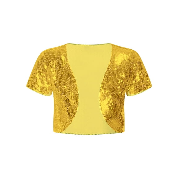 iEFiEL Kids Girls Sparkly Sequins Bolero Cropped Glitters Shrug Cardigan for Wedding Birthday Party Dress Gold 14