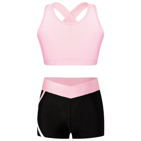 iEFiEL Kids Girls Sports Suit Cross Shoulder Straps Crop Top with Side Striped Shorts for Running Gym Workout Pink 4