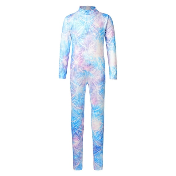 iEFiEL Kids Girls Stretchy Mermaid Jumpsuit Full Length Long Sleeve Dance Gymnastics Leotard Unitard Fish Scales Print Bodysuit Type E 11-12