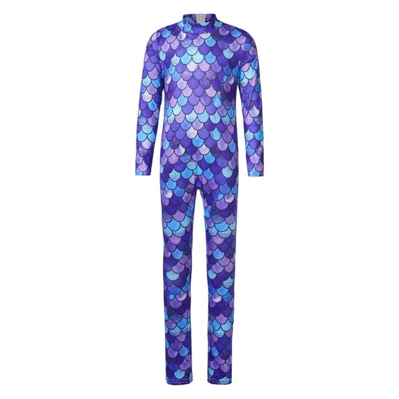 iEFiEL Kids Girls Stretchy Mermaid Jumpsuit Full Length Long Sleeve Dance Gymnastics Leotard Unitard Fish Scales Print Bodysuit Type I 11-12