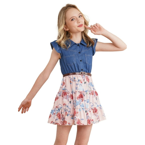 iEFiEL Kids Girls Summer A-line Dress Denim Bodice Floral Print Dress Pink 12