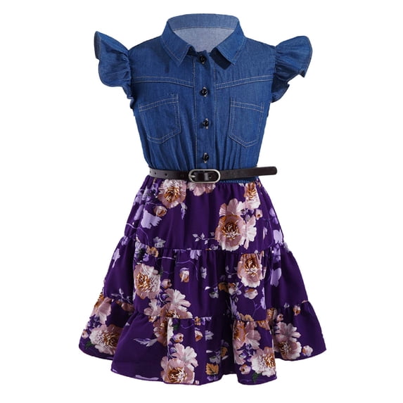 iEFiEL Kids Girls Summer A-line Dress Denim Bodice Floral Print Dress Purple 2