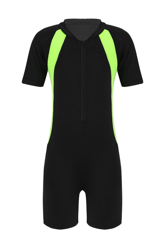 Kids Girls Swimsuit One-piece Short Sleeves Bathing Suit Rash Guard Black Yellow 14