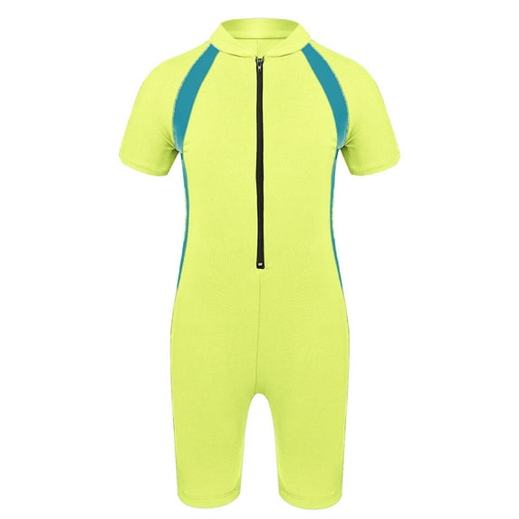iEFiEL Kids Girls Swimsuit One-piece Short Sleeves Bathing Suit Rash Guard Fluorescent Yellow 14