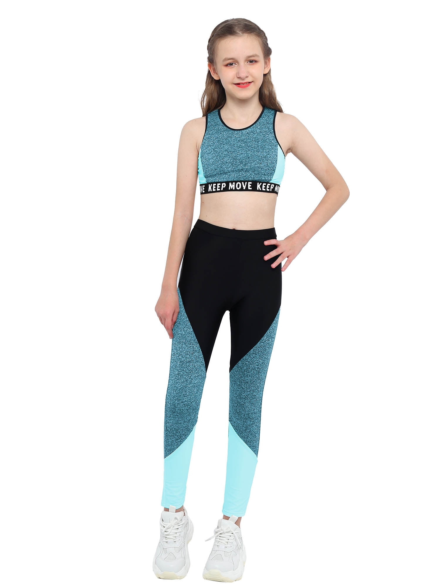 iEFiEL Kids Girls Workout Running Sports Suit Set Wide Straps Tops with  Leggings Activewear Blue 16 