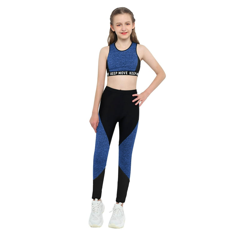 iEFiEL Kids Girls Workout Running Sports Suit Set Wide Straps Tops with  Leggings Activewear Blue Black 14 