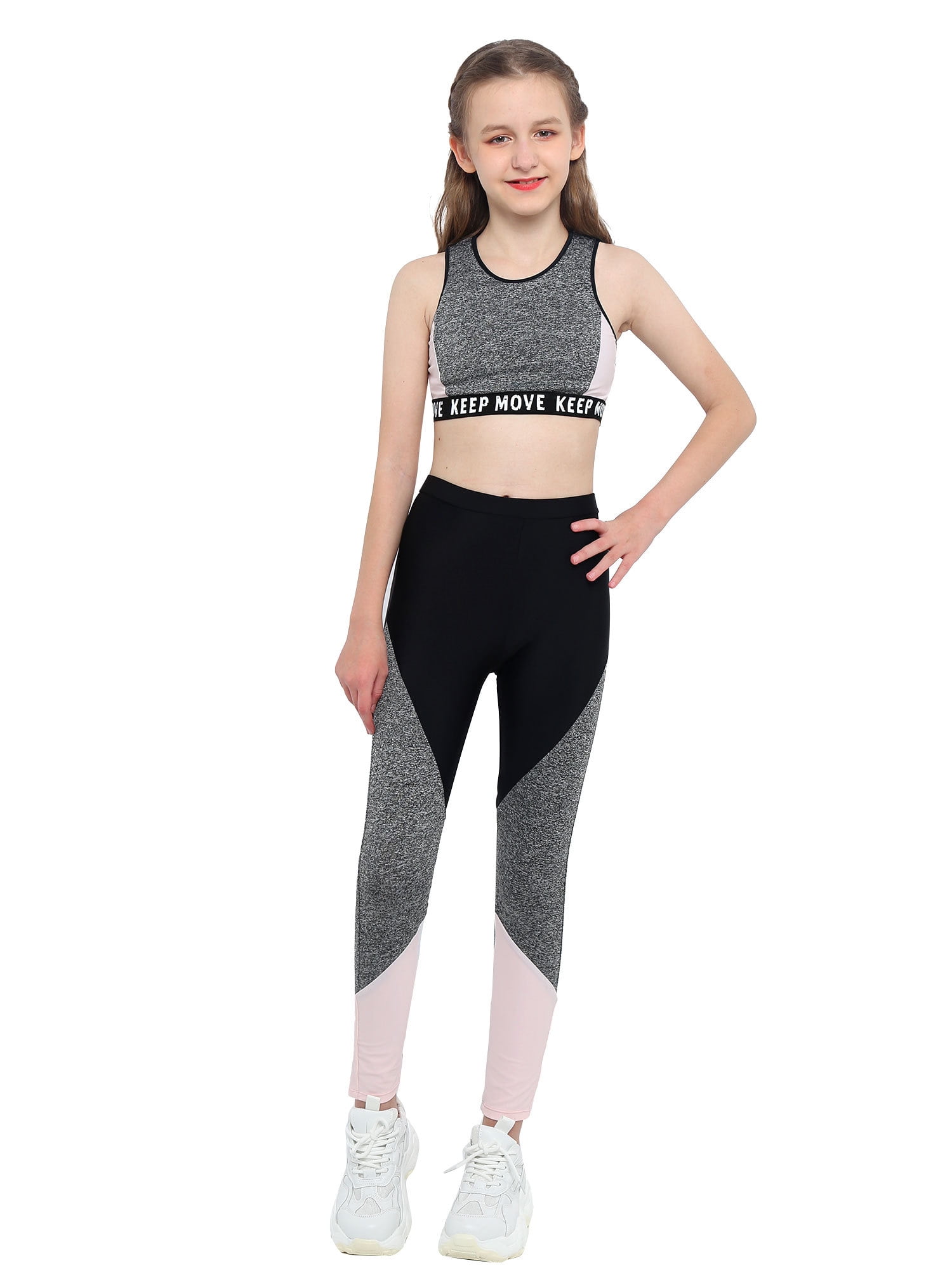 iEFiEL Kids Girls Workout Running Sports Suit Set Wide Straps Tops with