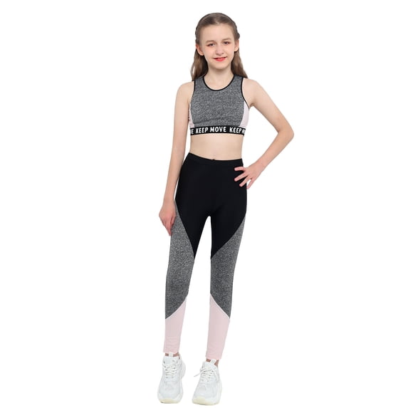 iEFiEL Kids Girls Workout Running Sports Suit Set Wide Straps Tops with Leggings Activewear Grey 8