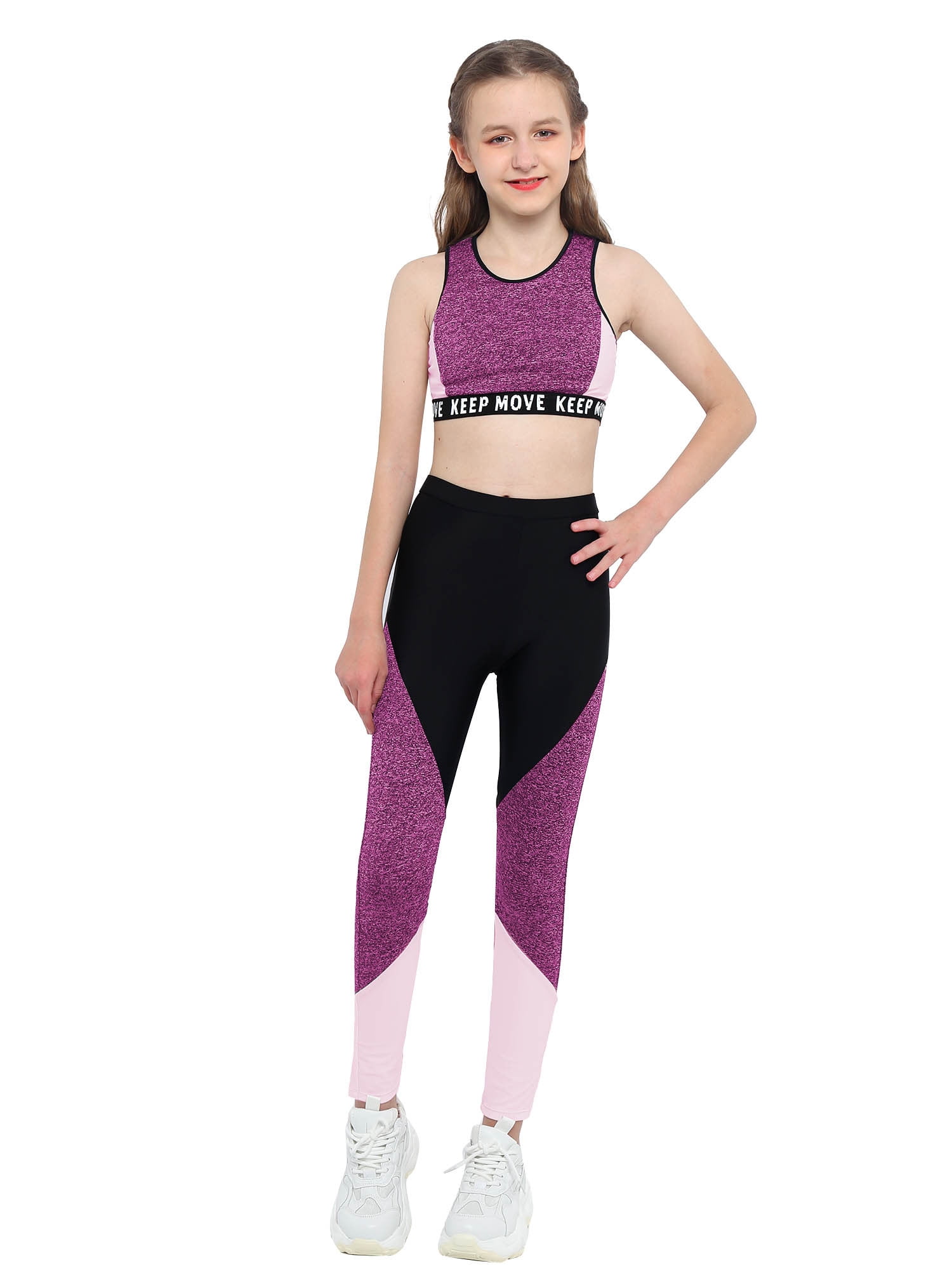 iEFiEL Kids Girls Workout Running Sports Suit Set Wide Straps Tops