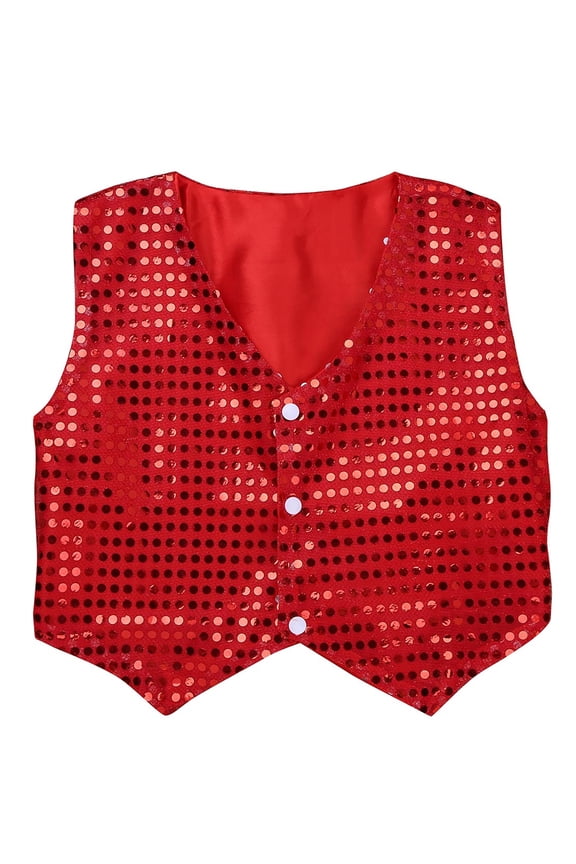 Kids Unisex Boys Girls Sequin Vest Top Bling Waistcoat for Jazz Stage Dance Performance Red 12-13