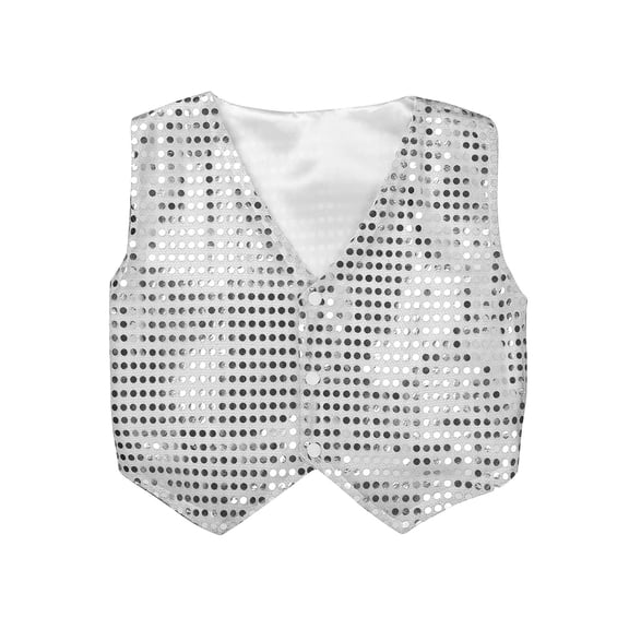 iEFiEL Kids Unisex Boys Girls Sequin Vest Top Bling Waistcoat for Jazz Stage Dance Performance Silver 12-13