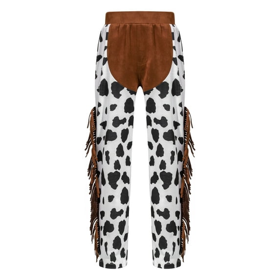 iEFiEL Kids Western Rodeo Cowboy Pants Cow Print Tassels Pants Carnival Role Play Dress Up Party Outfit White&Black 10