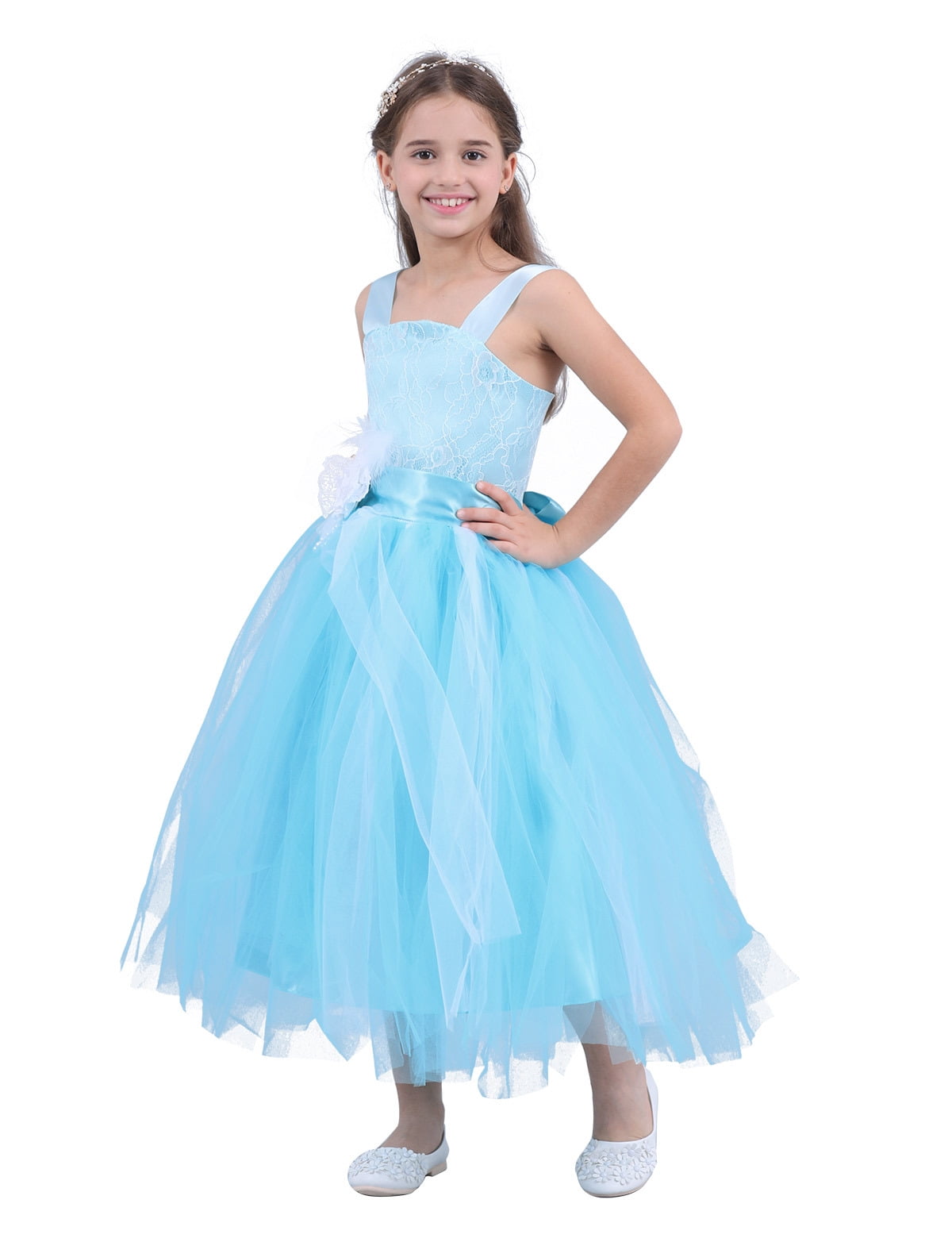 iEFiEL Little Big Girls Cross Back Flower Girl Dress Wedding Tulle ...