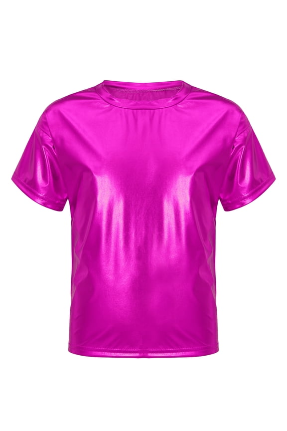 Little Boys Shiny Hip Hop Dance T-Shirt Juniors Youth Metallic Birthday Jazz Performance Tops Dancewear Hot Pink 11-12