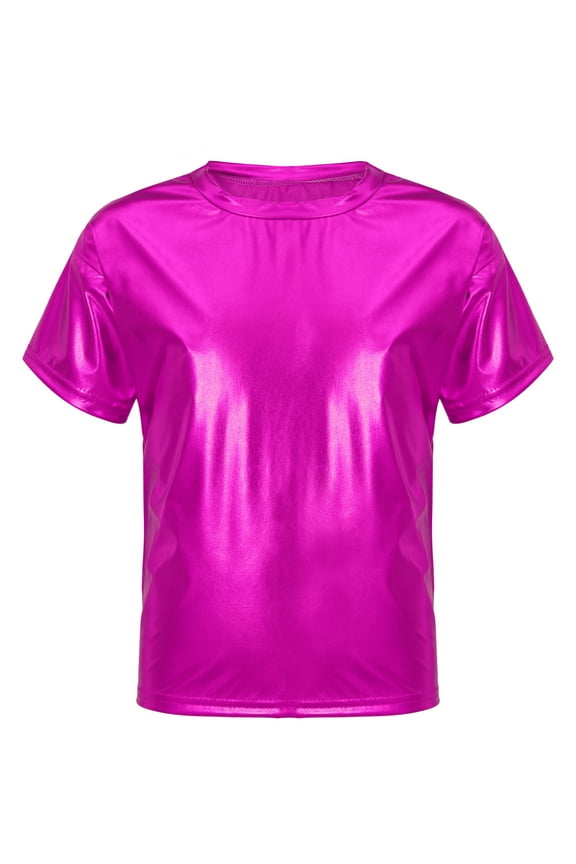 Little Boys Shiny Hip Hop Dance T-Shirt Juniors Youth Metallic Birthday Jazz Performance Tops Dancewear Hot Pink 13-14