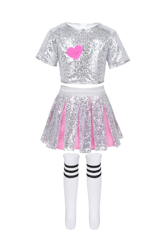 Little Girls Jazz Hip-hop Dance Costume Set Sequined Tops with Miniskirt Socks