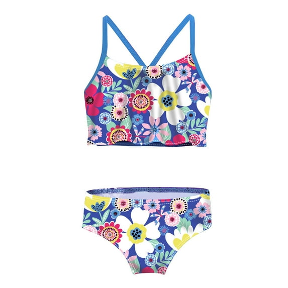 iEFiEL Little Girls Swimwear Tropical Holiday Bathing Suit Flounce Top with Briefs Set Tulip Blue S