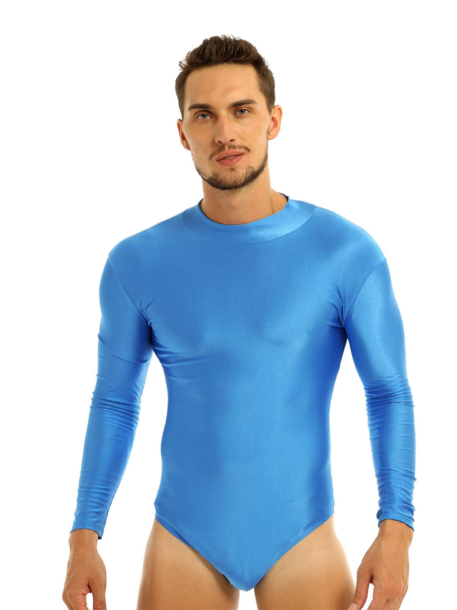 iEFiEL Men Long Sleeve Stand Collar Leotard Bodysuit Solid Stretchy