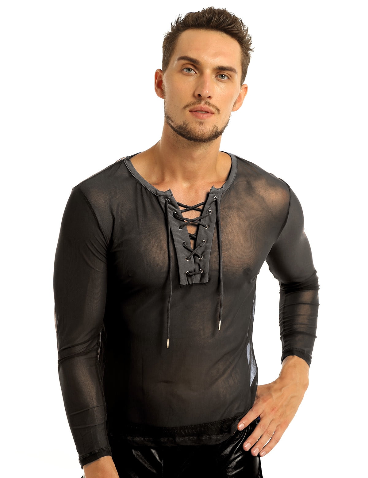 iEFiEL Men See Through Mesh Long Sleeve Pullover TShirt Clubwear