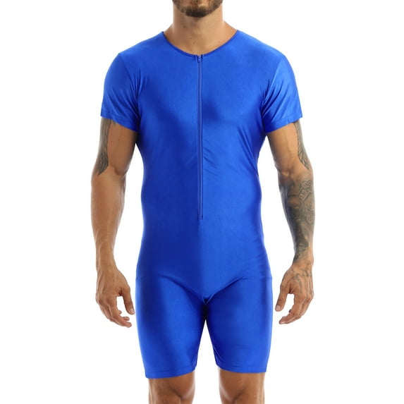 iEFiEL Men Solid Color Front Zipper Stretchy Leotard Bodysuit Sleepwear