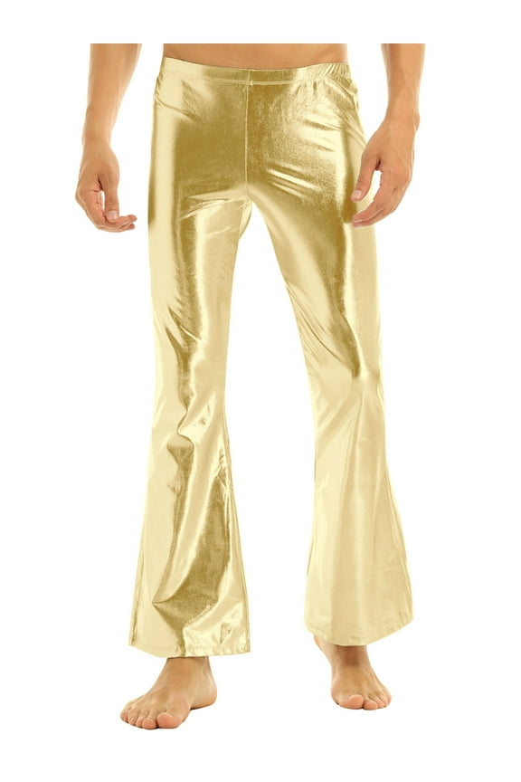 Mens Adult Shiny Disco Pants with Bell Bottom Flared Long Pants Costume Gold XX-Large