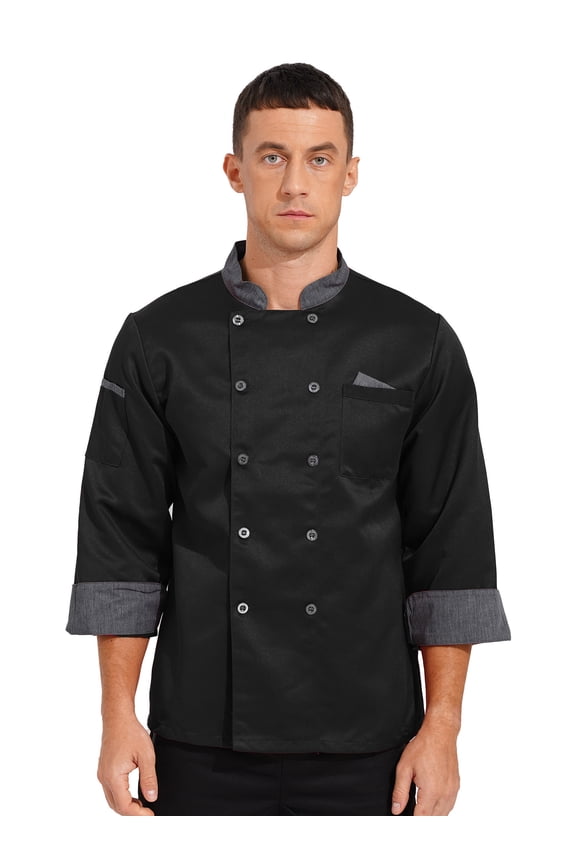 Mens Chef Coat Long Sleeve Kitchen Cooking Uniform Jacket with Chest Arm Pockets Black L