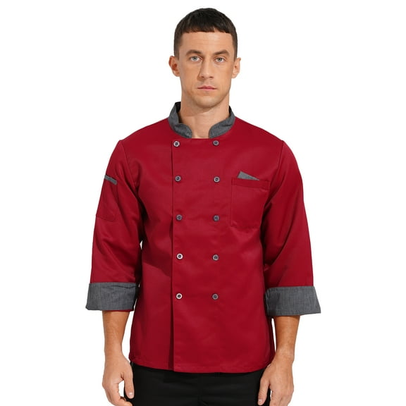 iEFiEL Mens Chef Coat Long Sleeve Kitchen Cooking Uniform Jacket with Chest Arm Pockets Red L