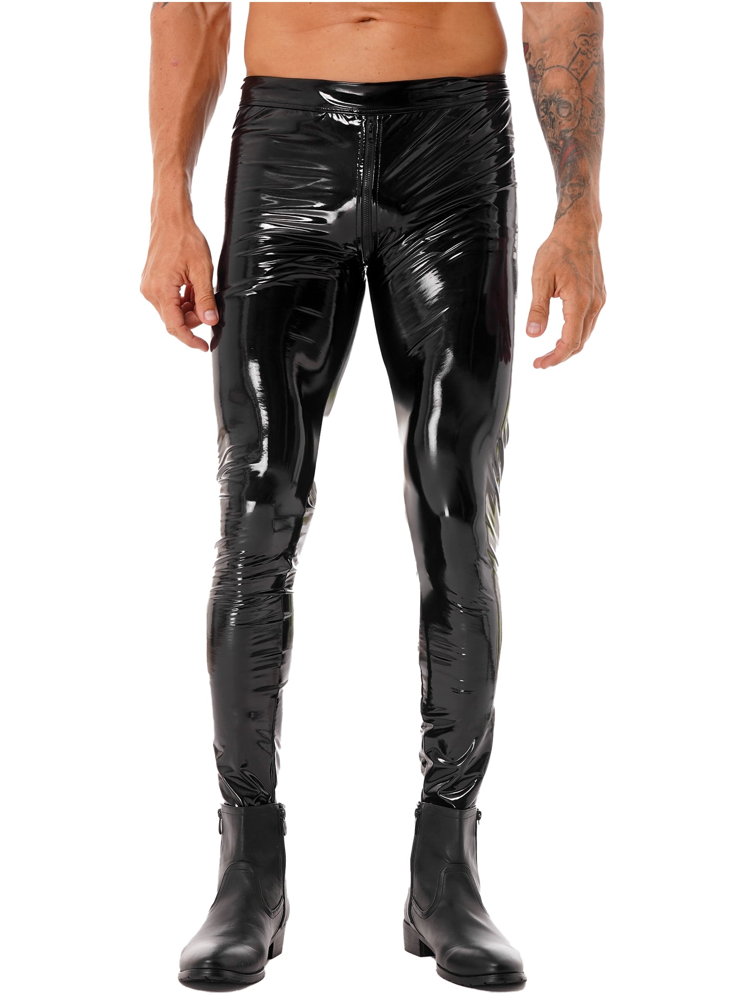 Men's Casual Slim Fit Genuine Leather Black Shiny Pants Punk Leather Mens  Trousers Pant - Walmart.com