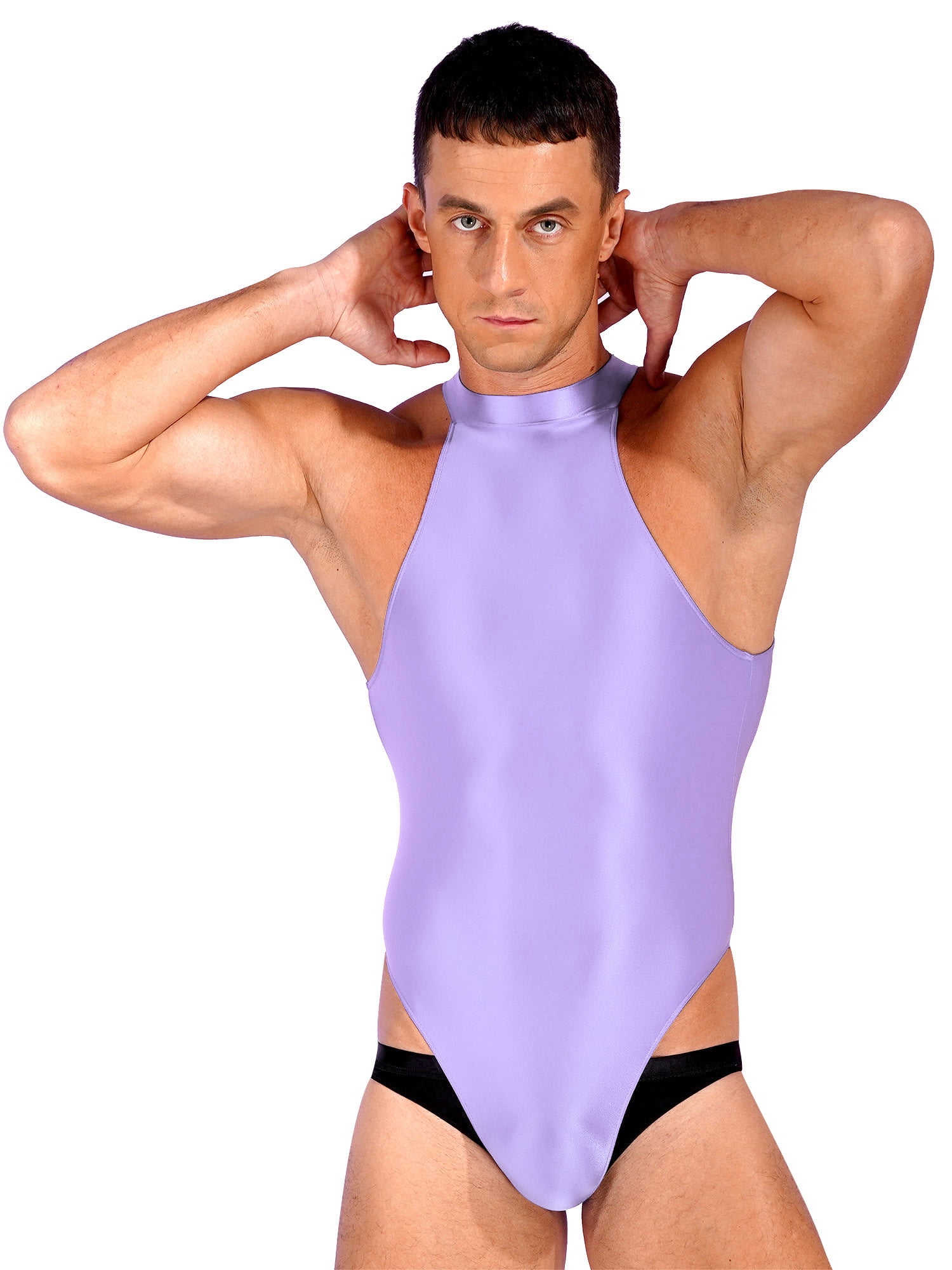 iEFiEL Mens Glossy Zipper Back Bodysuit One Piece Sleeveless Gymnastics  Training Swimming Leotard Blue XL 