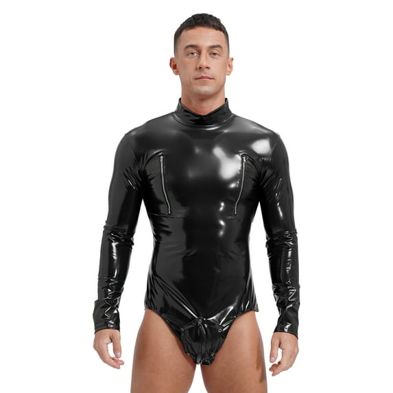 iEFiEL Mens Patent Leather Zipper Bodysuit Long Sleeve Bulge Pouch Shaping Catsuit Clubwear Black 3XL