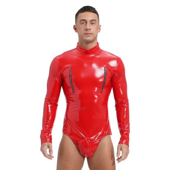 iEFiEL Mens Patent Leather Zipper Bodysuit Long Sleeve Bulge Pouch Shaping Catsuit Clubwear Red XL